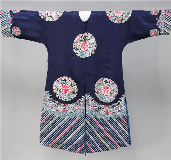A Chinese dark blue satin and embroidered ladys robe, Qing dynasty,